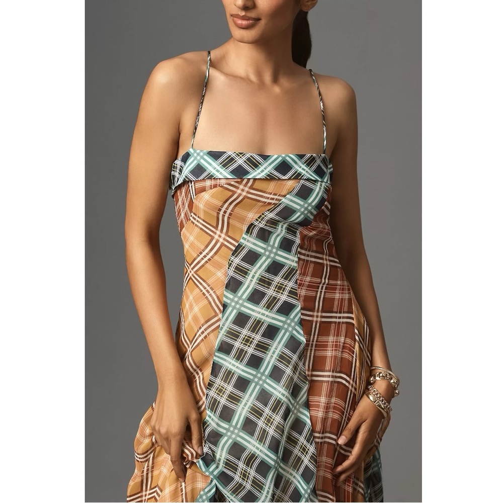 Anthropologie Maeve Sleeveless Asymmetric Plaid Patchwork Midi Slip Dress Medium - Picture 5 of 11